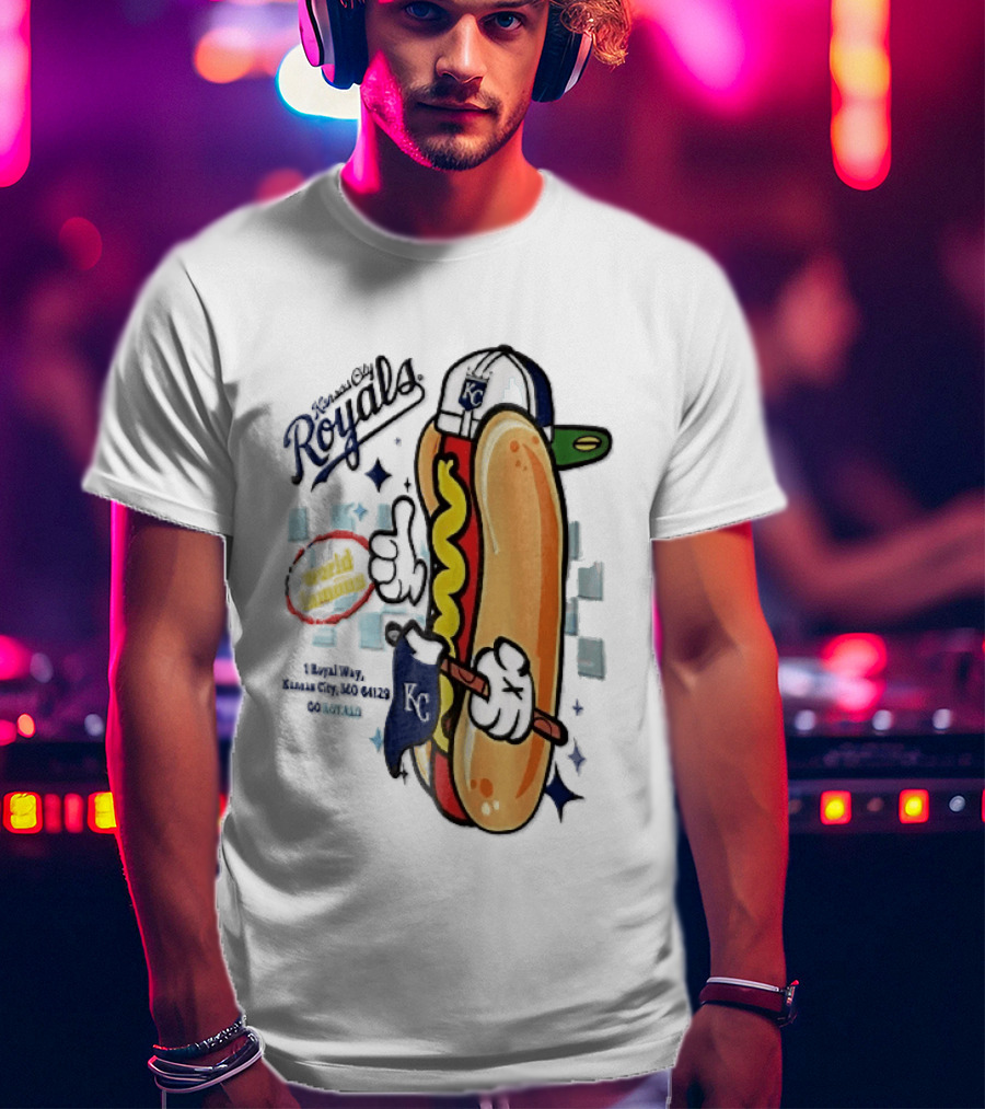 Kansas City Royals World Famous 1 Royal Way Mo 64129 Cartoon Hot Dog KC Cap T-Shirt