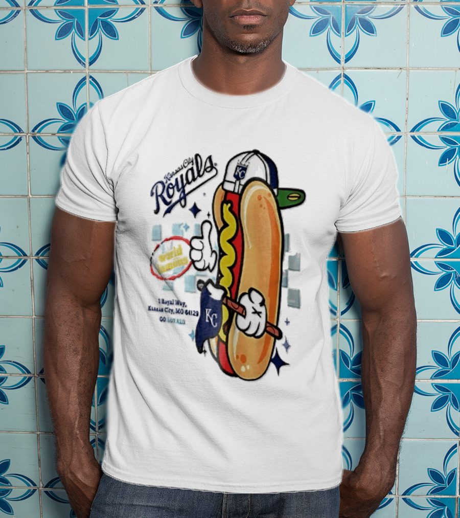 Kansas City Royals World Famous 1 Royal Way Mo 64129 Cartoon Hot Dog KC Cap T-Shirt