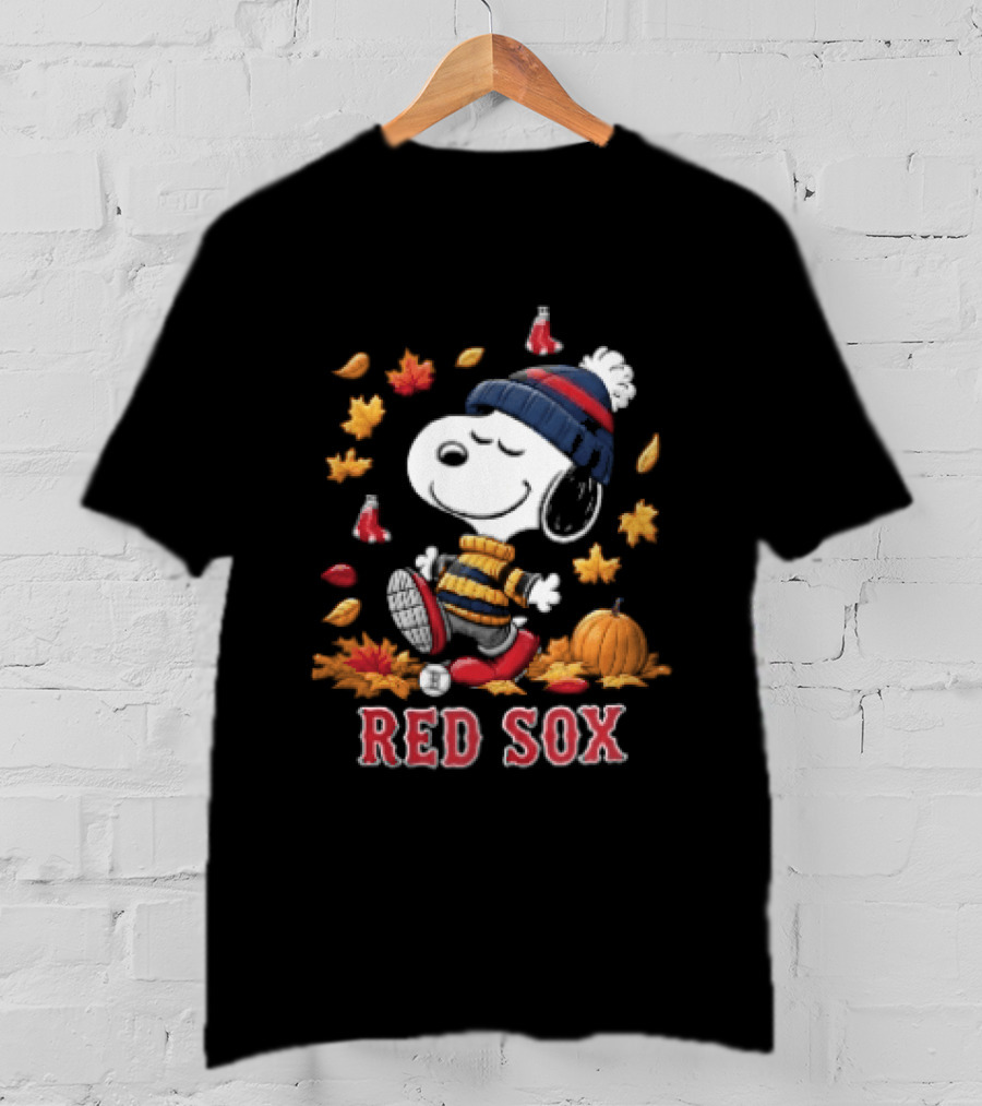 Boston Red Sox Snoopy Walking With Autumn Leaves And Pumpkin T-Shirt