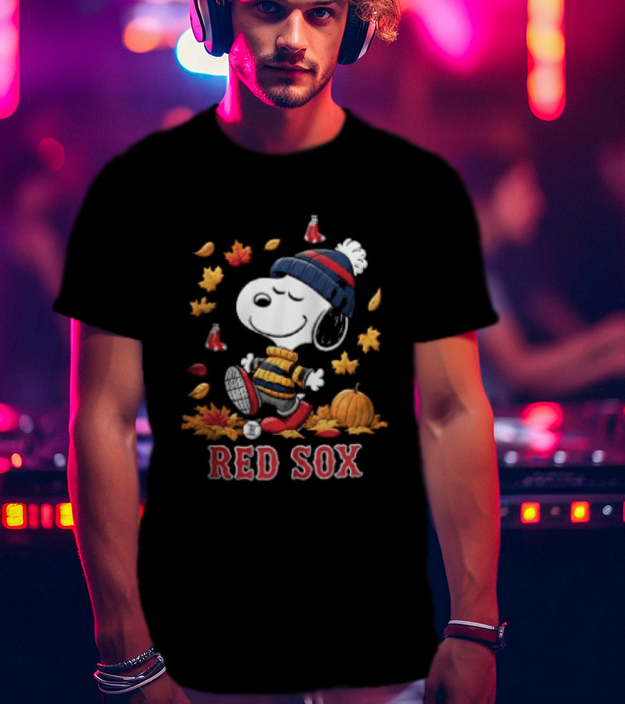 Boston Red Sox Snoopy Walking With Autumn Leaves And Pumpkin T-Shirt