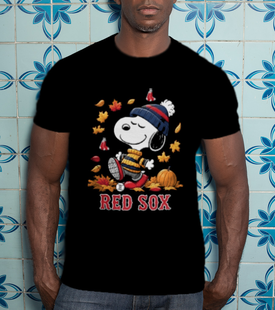Boston Red Sox Snoopy Walking With Autumn Leaves And Pumpkin T-Shirt