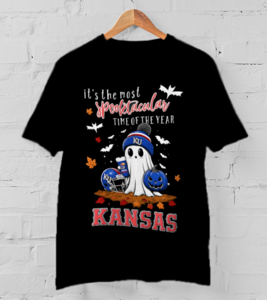 Kansas Jayhawks It's The Most Spooktacular Time Of Year Ghost Beanie Pumpkin T-Shirt