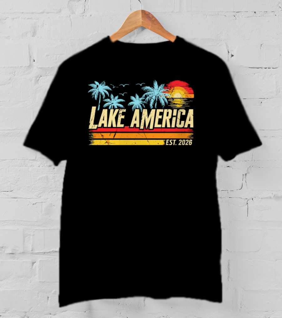 Lake America Est 2026 Tropical Vacation Sunset Palm Trees And Seagulls T-Shirt