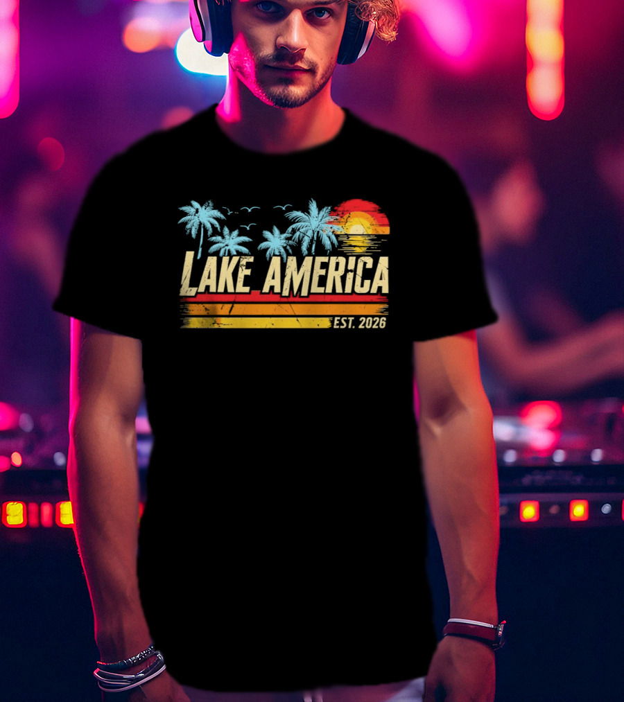 Lake America Est 2026 Tropical Vacation Sunset Palm Trees And Seagulls T-Shirt