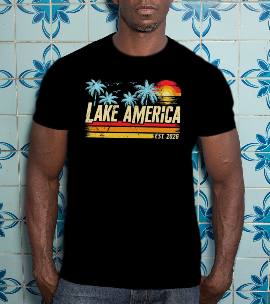 Lake America Est 2026 Tropical Vacation Sunset Palm Trees And Seagulls T-Shirt