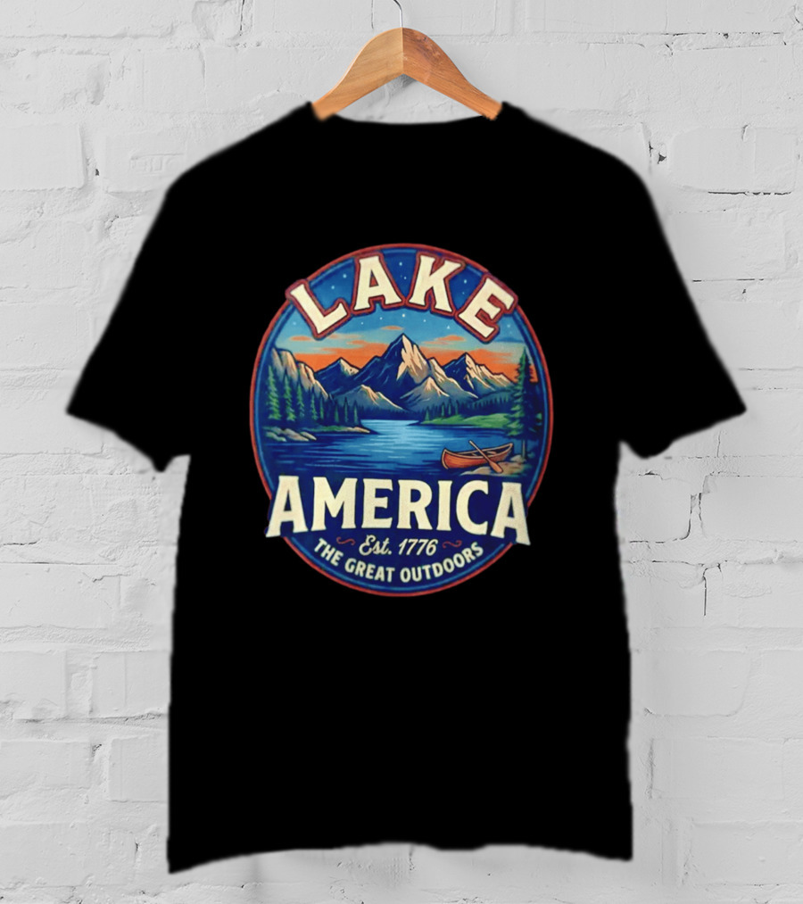 Lake America The Great Outdoors Est. 1776 Mountain Scene Canoe T-Shirt