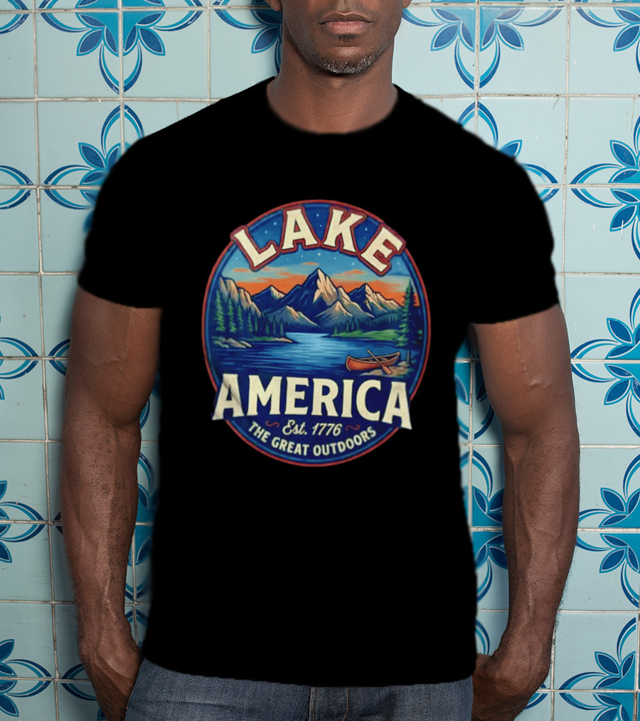 Lake America The Great Outdoors Est. 1776 Mountain Scene Canoe T-Shirt