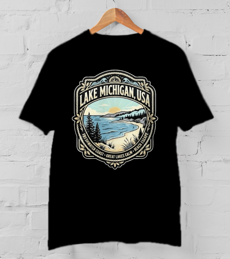 Lake Michigan USA Freshwater Coast Great Lakes Calm Beach Escape T-Shirt