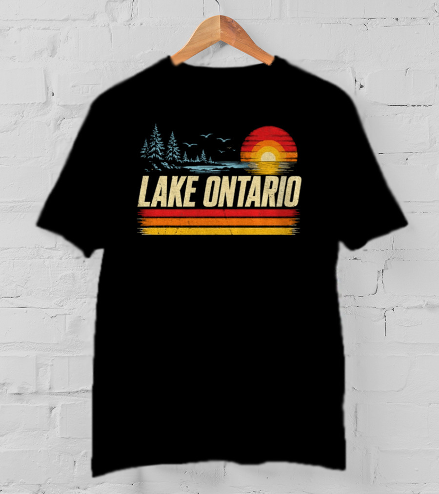 Lake Ontario Sunset Vintage Style With Pines And Birds T-Shirt