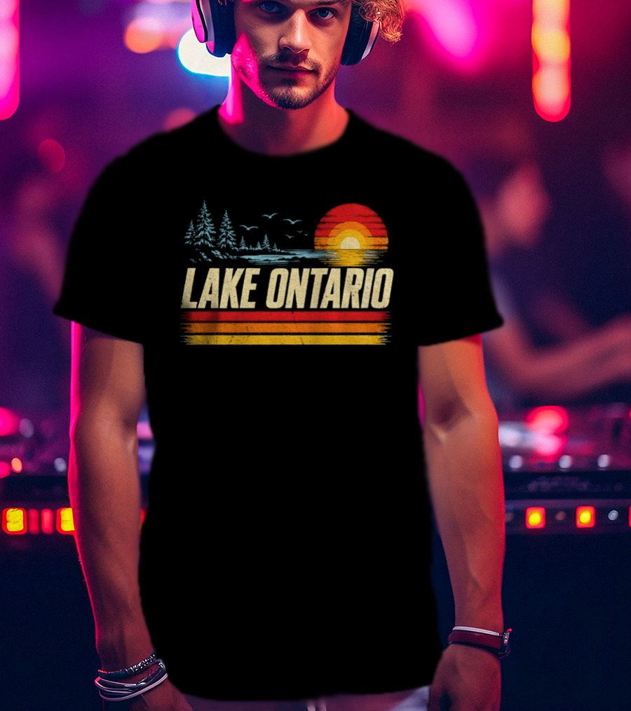 Lake Ontario Sunset Vintage Style With Pines And Birds T-Shirt