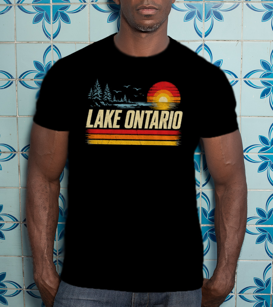 Lake Ontario Sunset Vintage Style With Pines And Birds T-Shirt
