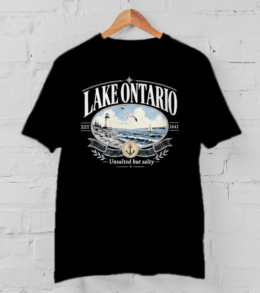 Lake Ontario Unsalted But Salty EST 1641 Seagull Lighthouse Sailboat Scene T-Shirt