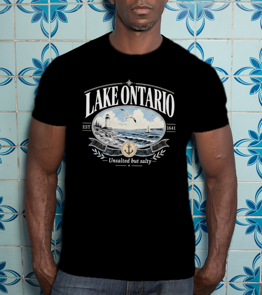 Lake Ontario Unsalted But Salty EST 1641 Seagull Lighthouse Sailboat Scene T-Shirt