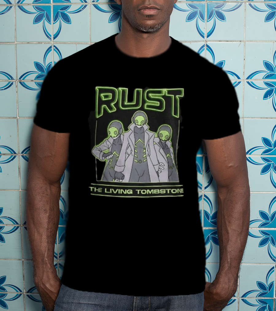 RUST The Living Tombstone Three Masked Figures Glowing Neon Trench Coats T-Shirt