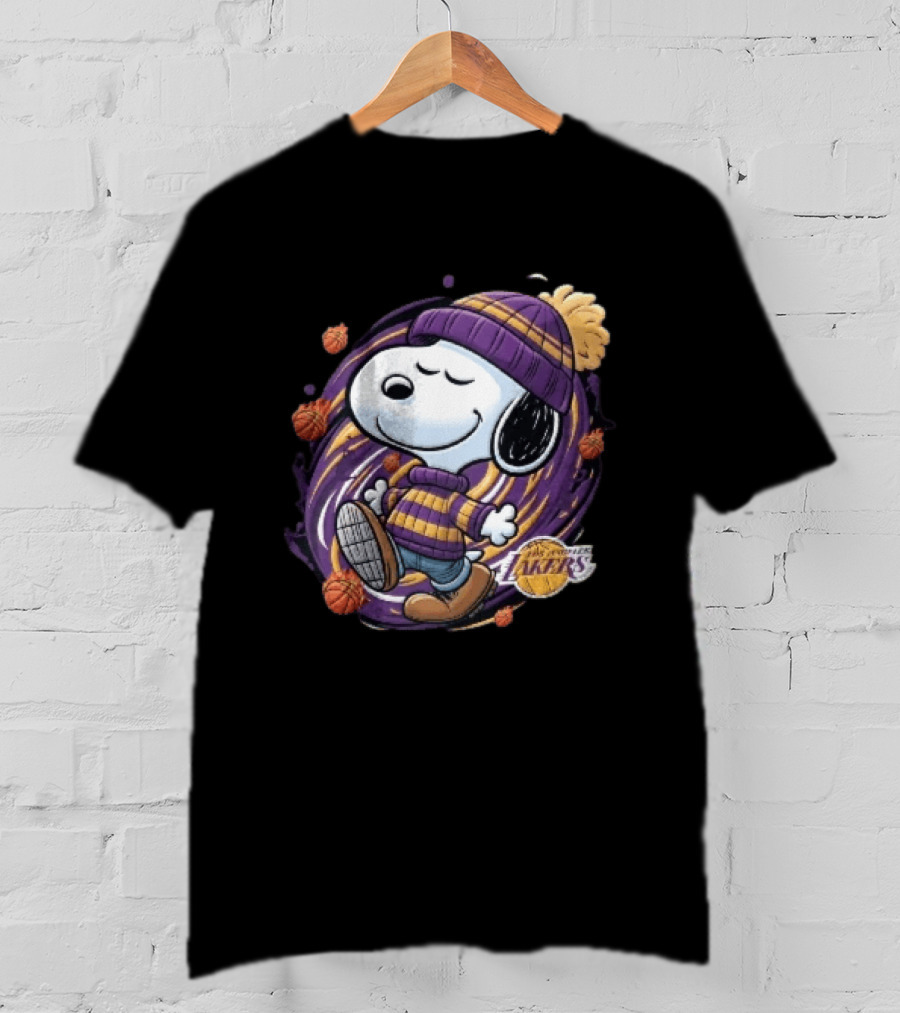 Los Angeles Lakers NBA Snoopy Cartoon Beanie Swirl Flaming Basketballs T-Shirt