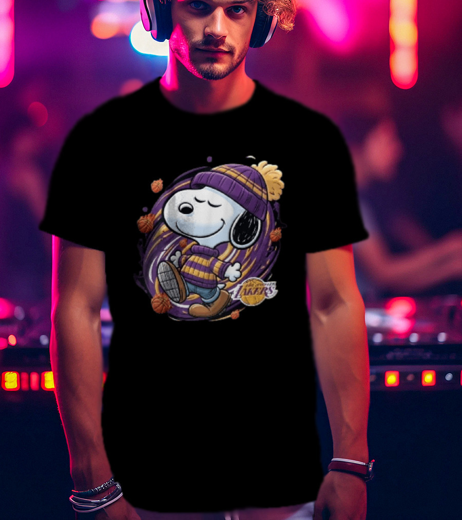 Los Angeles Lakers NBA Snoopy Cartoon Beanie Swirl Flaming Basketballs T-Shirt