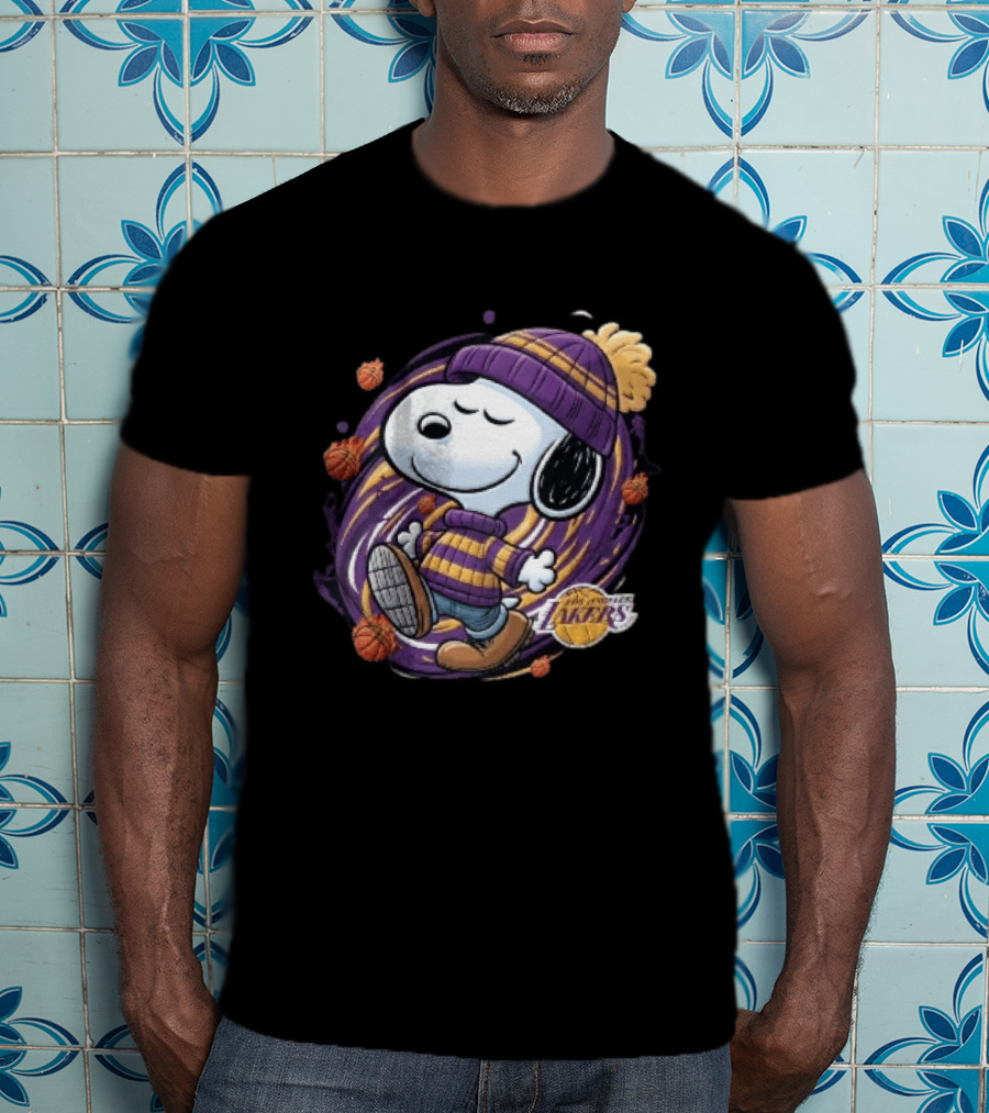 Los Angeles Lakers NBA Snoopy Cartoon Beanie Swirl Flaming Basketballs T-Shirt