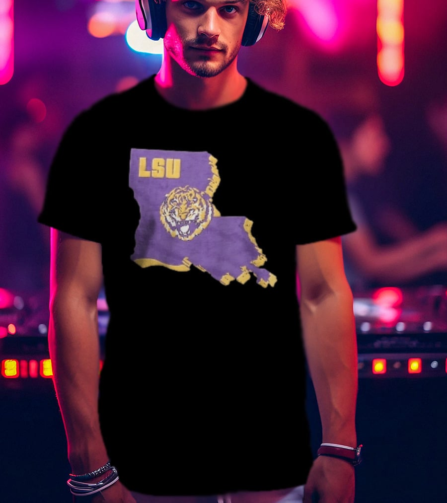 LSU Tigers NCAA Roaring Head Louisiana Map T-Shirt