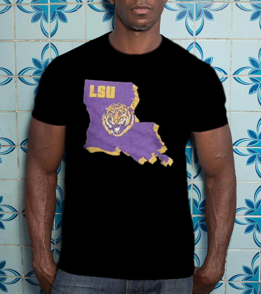 LSU Tigers NCAA Roaring Head Louisiana Map T-Shirt