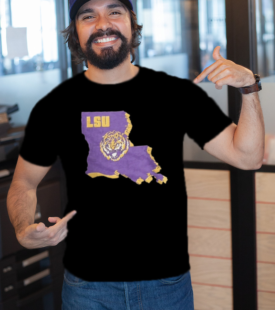 LSU Tigers NCAA Roaring Head Louisiana Map T-Shirt