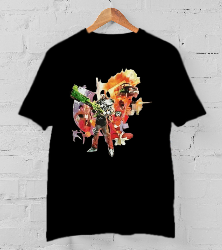 Masked Skeleton Soldier Green Rifle Fire Explosion Flying Truck Collage T-Shirt