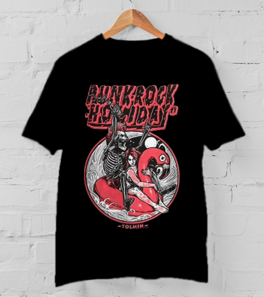 Punk Rock Holiday 19 Tolmin Mohawk Skeleton Riding Pink Flamingo Ocean Waves T-Shirt