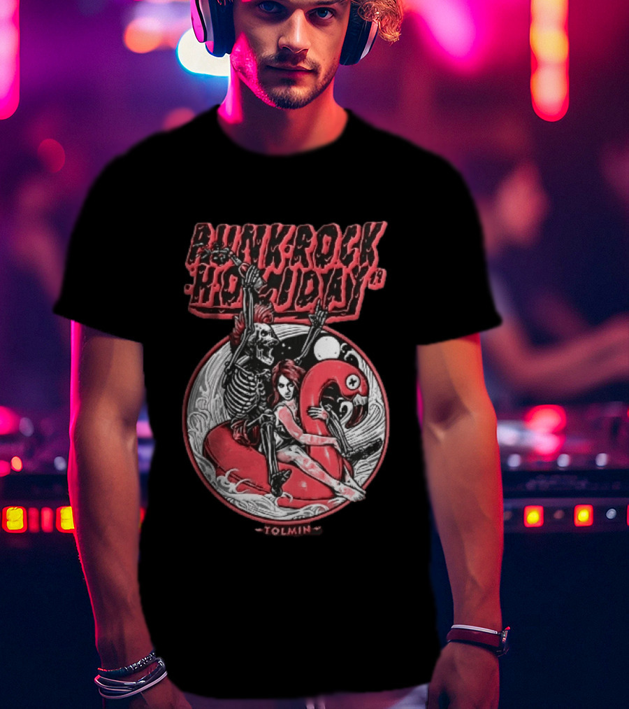 Punk Rock Holiday 19 Tolmin Mohawk Skeleton Riding Pink Flamingo Ocean Waves T-Shirt