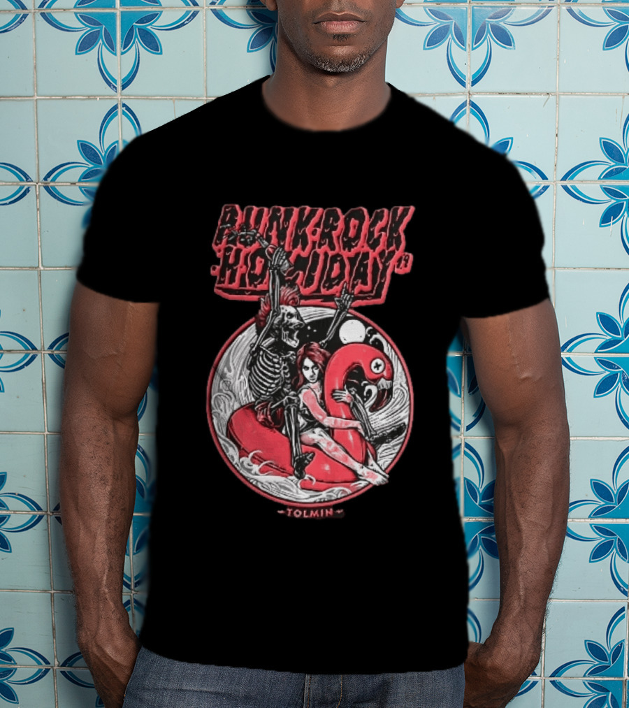 Punk Rock Holiday 19 Tolmin Mohawk Skeleton Riding Pink Flamingo Ocean Waves T-Shirt