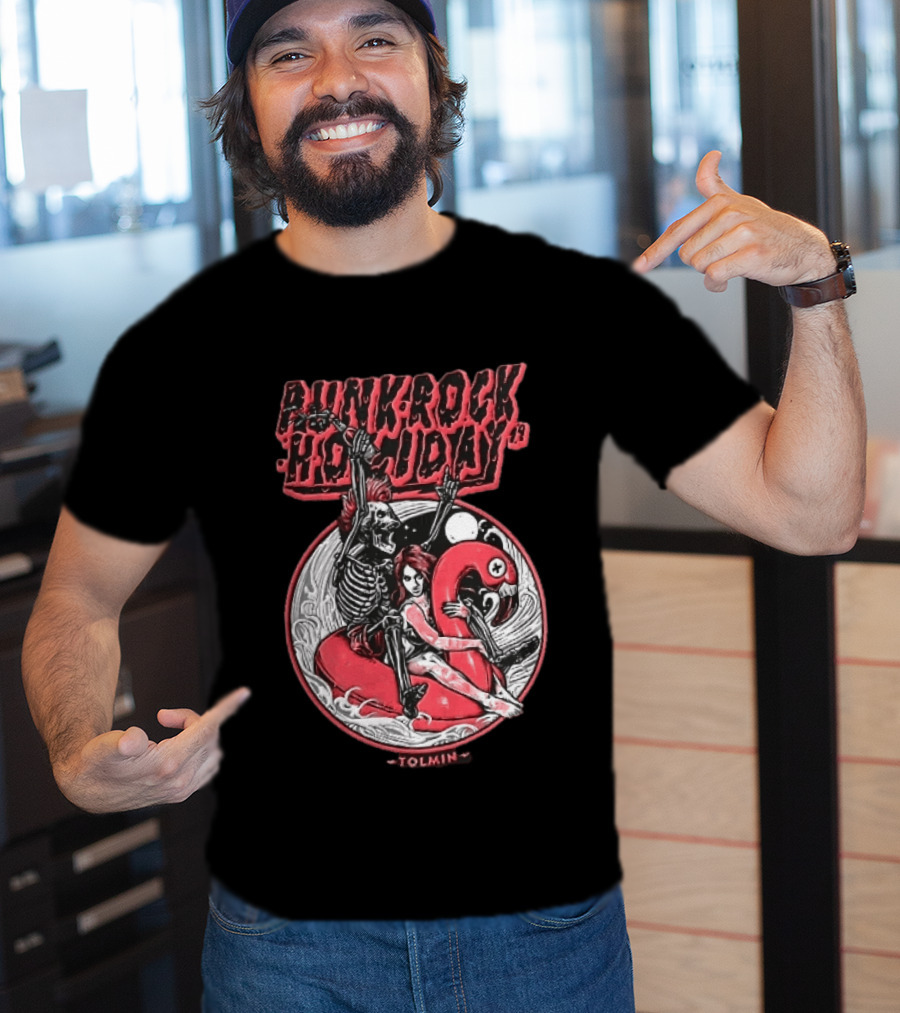 Punk Rock Holiday 19 Tolmin Mohawk Skeleton Riding Pink Flamingo Ocean Waves T-Shirt