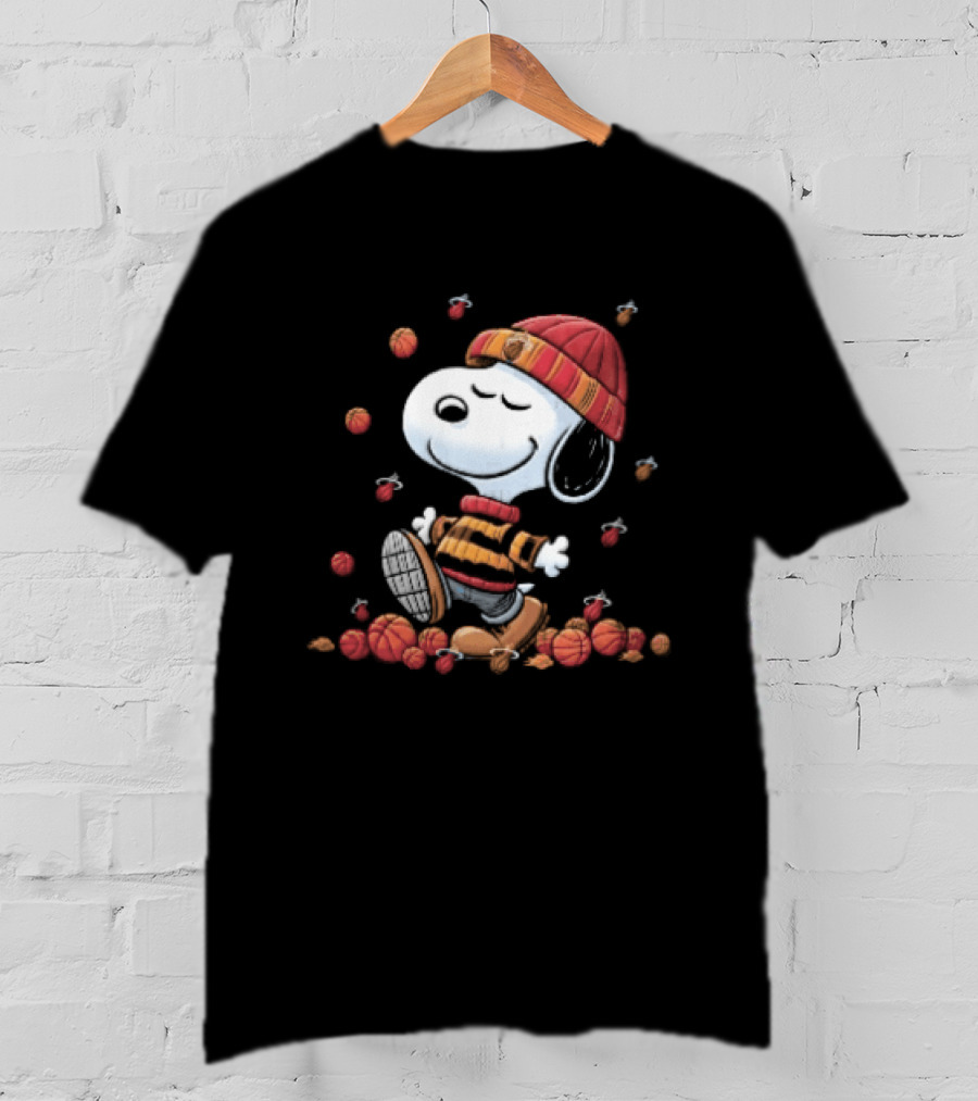 Miami Heat NBA Snoopy Walking Beanie Striped Flaming Basketballs Black T-Shirt
