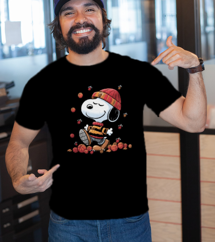Miami Heat NBA Snoopy Walking Beanie Striped Flaming Basketballs Black T-Shirt
