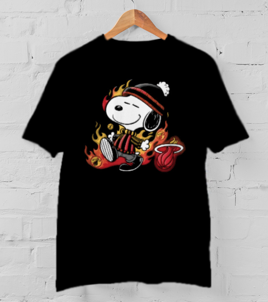 Miami Heat NBA Snoopy Walking Beanie Striped Flames Cartoon T-Shirt