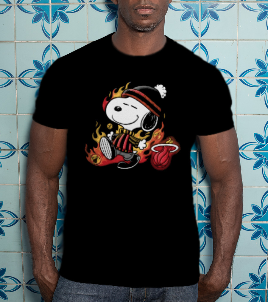 Miami Heat NBA Snoopy Walking Beanie Striped Flames Cartoon T-Shirt