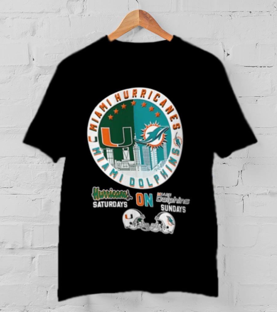 Miami Hurricanes Dolphins City Skyline Saturdays Sundays Two Helmets T-Shirt