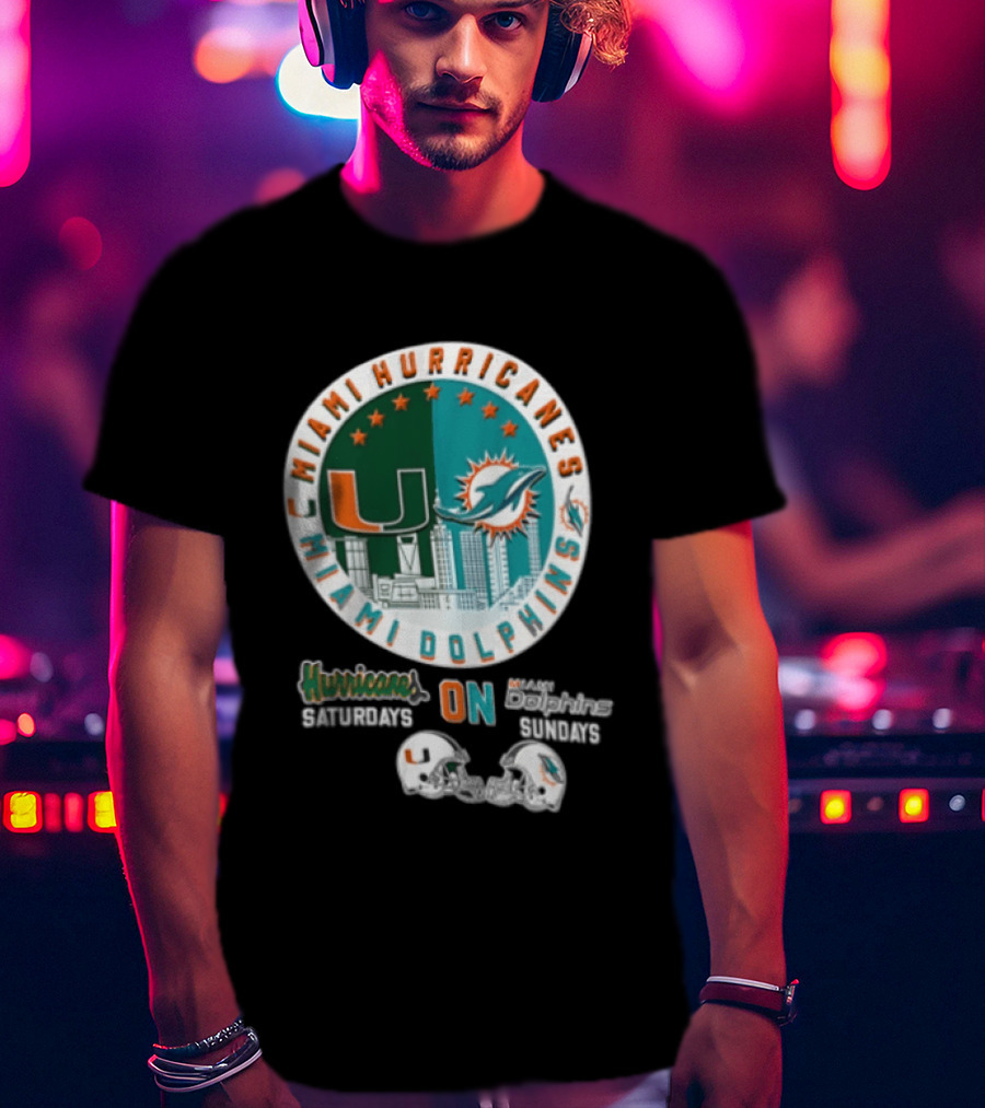 Miami Hurricanes Dolphins City Skyline Saturdays Sundays Two Helmets T-Shirt