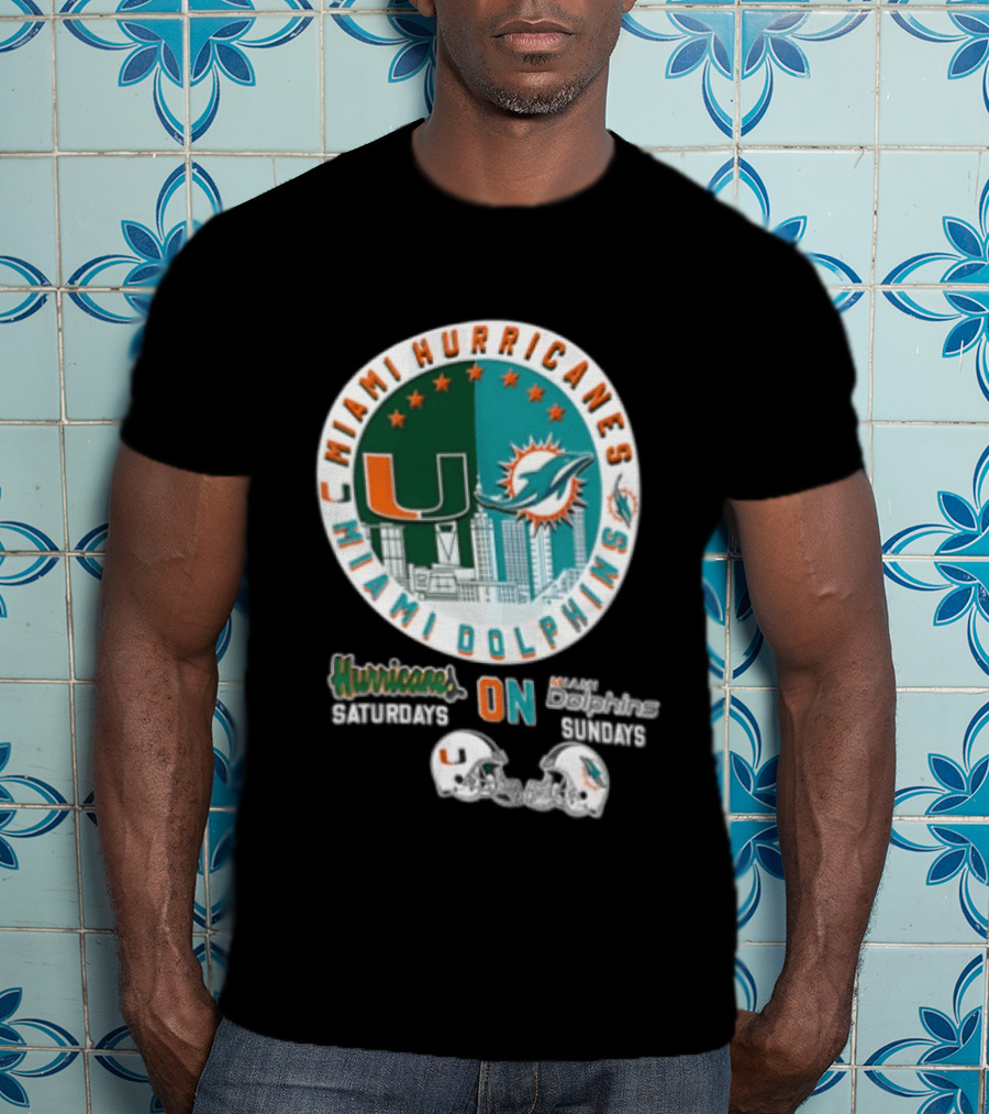 Miami Hurricanes Dolphins City Skyline Saturdays Sundays Two Helmets T-Shirt