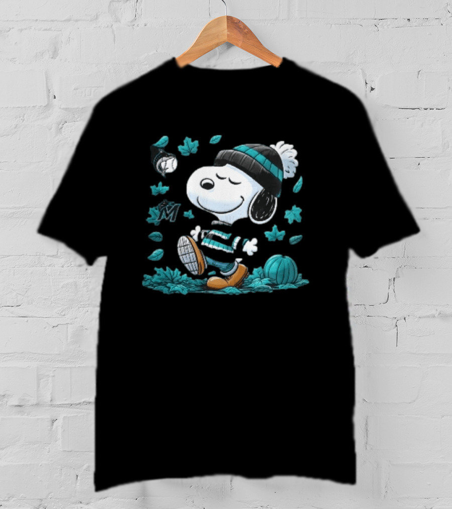 Miami Marlins Snoopy Walking Winter Beanie Autumn Leaves Pumpkin MLB Cartoon T-Shirt
