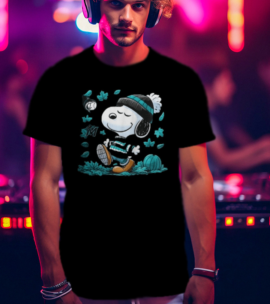 Miami Marlins Snoopy Walking Winter Beanie Autumn Leaves Pumpkin MLB Cartoon T-Shirt