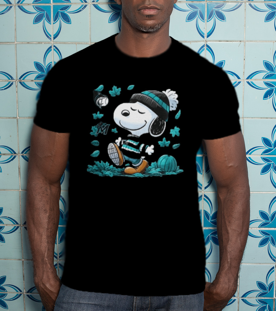 Miami Marlins Snoopy Walking Winter Beanie Autumn Leaves Pumpkin MLB Cartoon T-Shirt