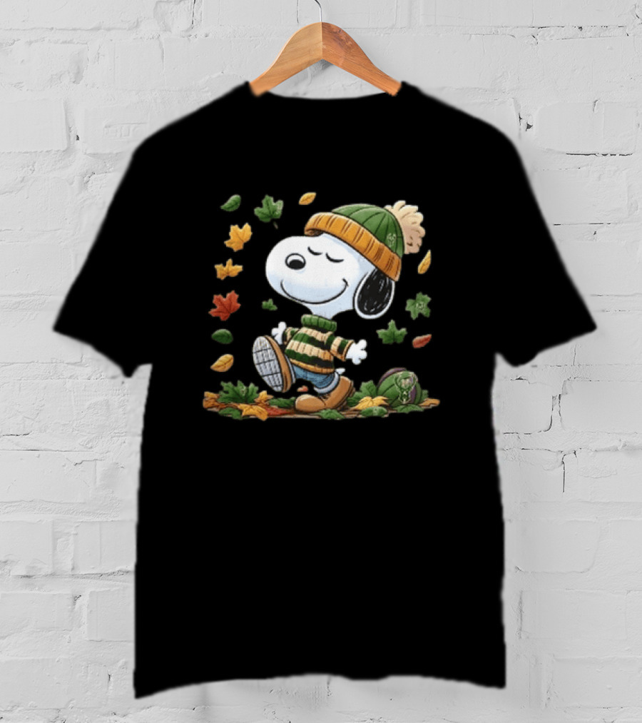 Milwaukee Bucks Snoopy In Beanie Walking Through Autumn Leaves Cartoon T-Shirt