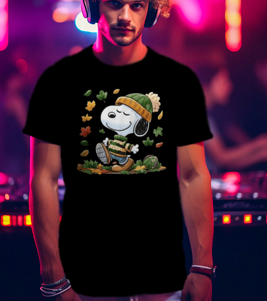 Milwaukee Bucks Snoopy In Beanie Walking Through Autumn Leaves Cartoon T-Shirt