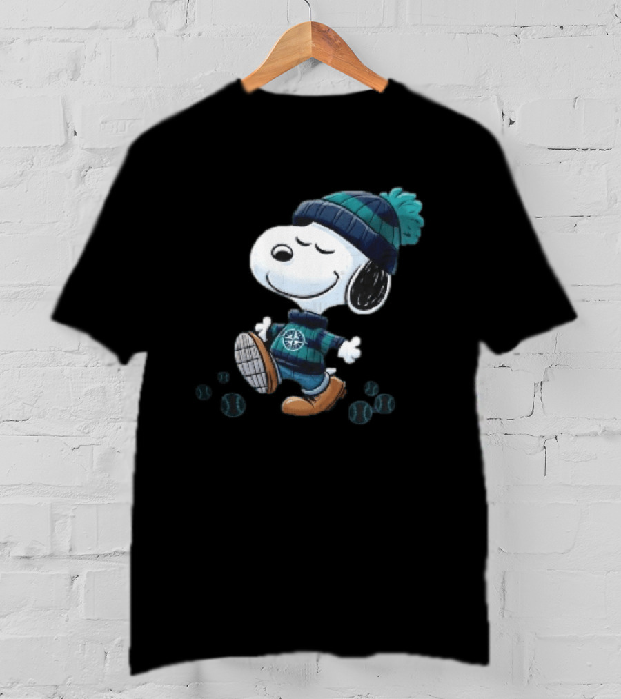 Seattle Mariners Snoopy Walking Beanie And Baseballs MLB Cartoon T-Shirt