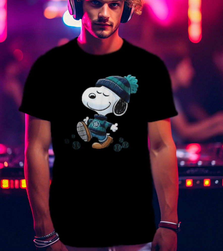 Seattle Mariners Snoopy Walking Beanie And Baseballs MLB Cartoon T-Shirt