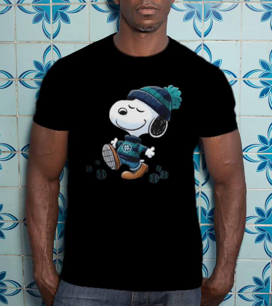 Seattle Mariners Snoopy Walking Beanie And Baseballs MLB Cartoon T-Shirt