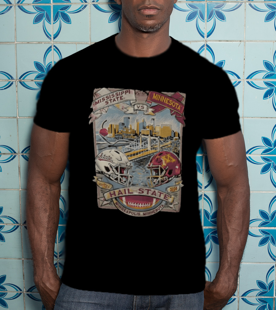 Mississippi State Vs Minnesota September 12th 2026 Hail State Minneapolis Minnesota Football Helmets And Skyline T-Shirt