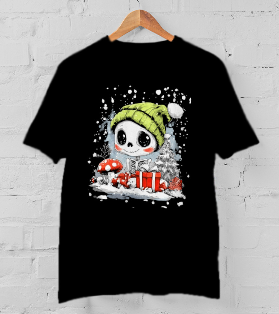 Skeleton In Green Beanie Hat With Mushroom And Christmas Present T-Shirt