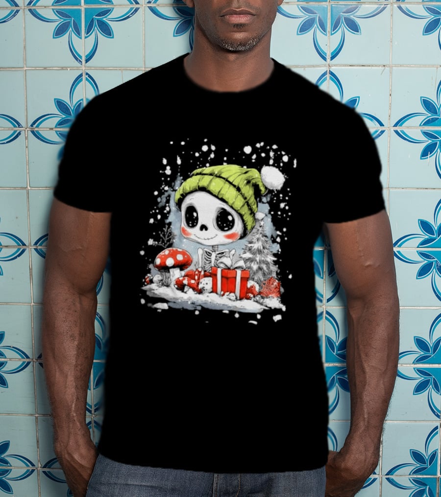 Skeleton In Green Beanie Hat With Mushroom And Christmas Present T-Shirt