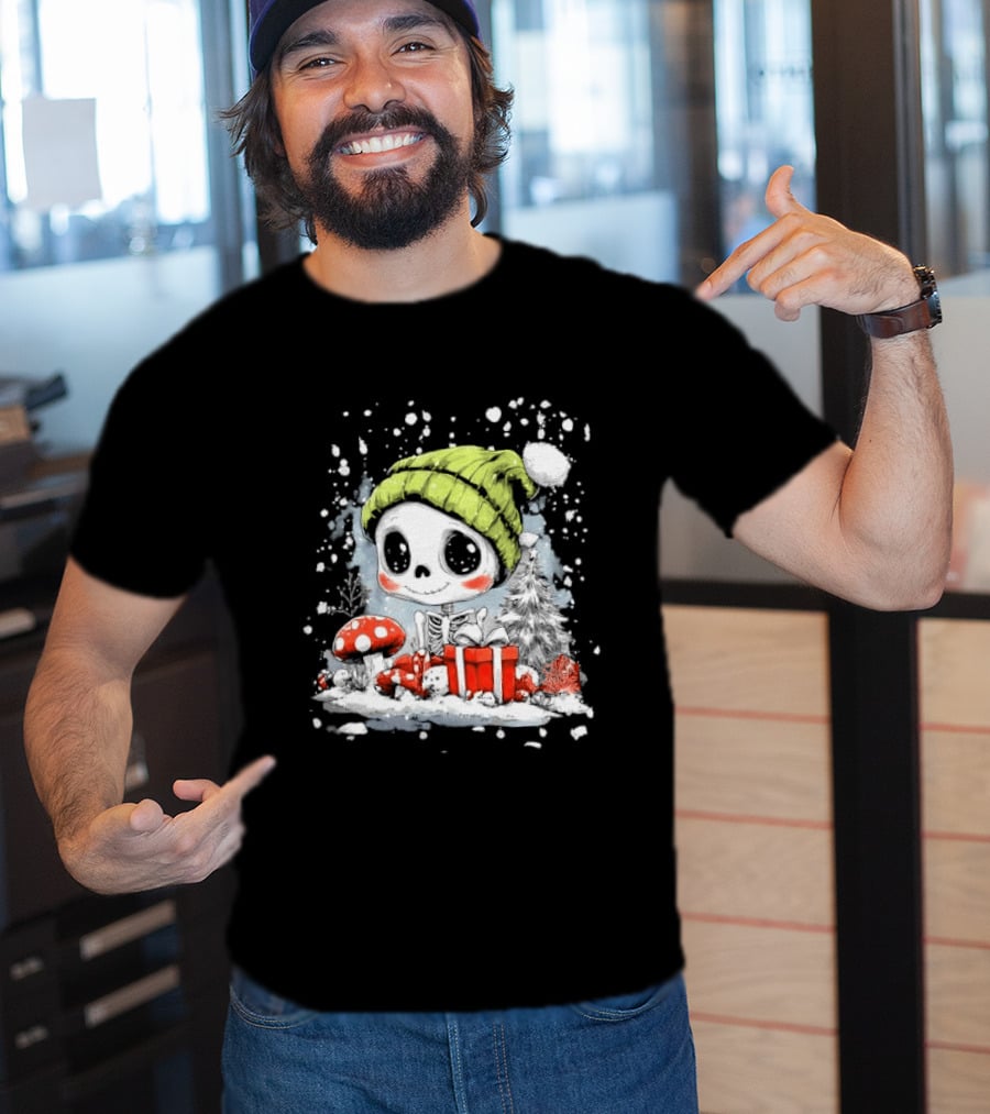 Skeleton In Green Beanie Hat With Mushroom And Christmas Present T-Shirt
