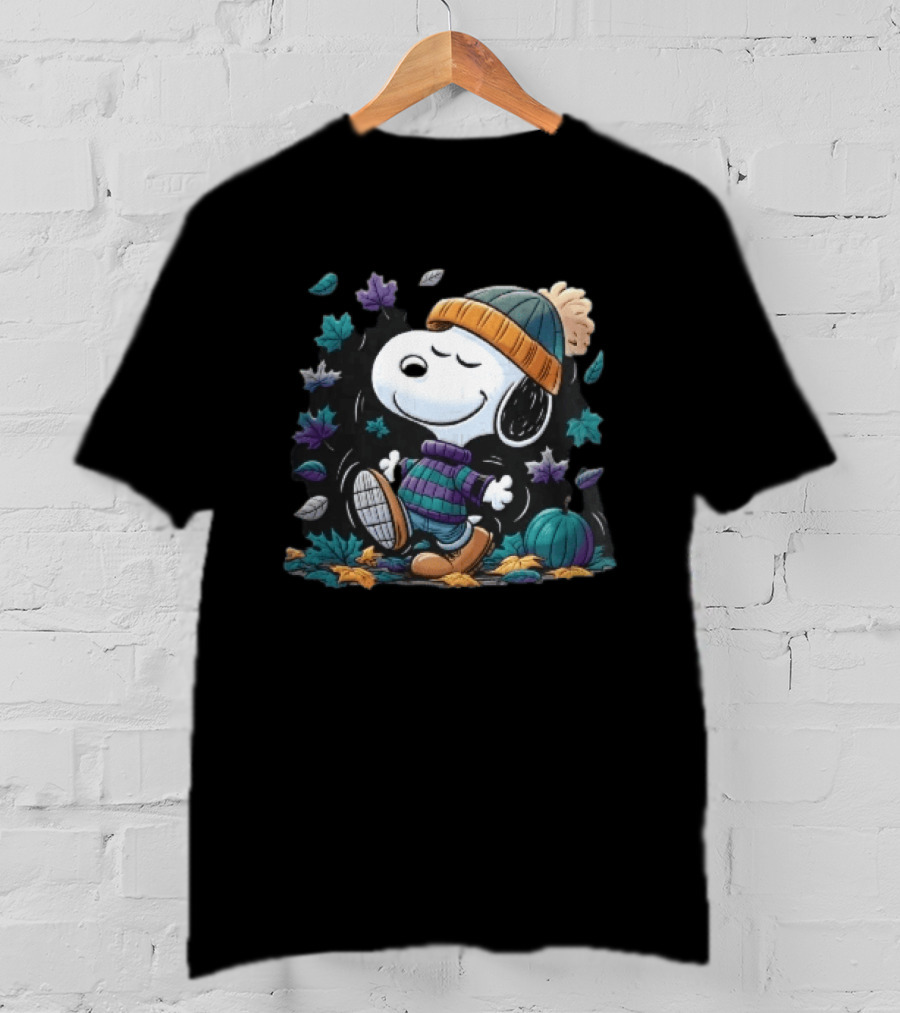 Snoopy Autumn Walk Striped Beanie Pumpkin And Falling Leaves T-Shirt