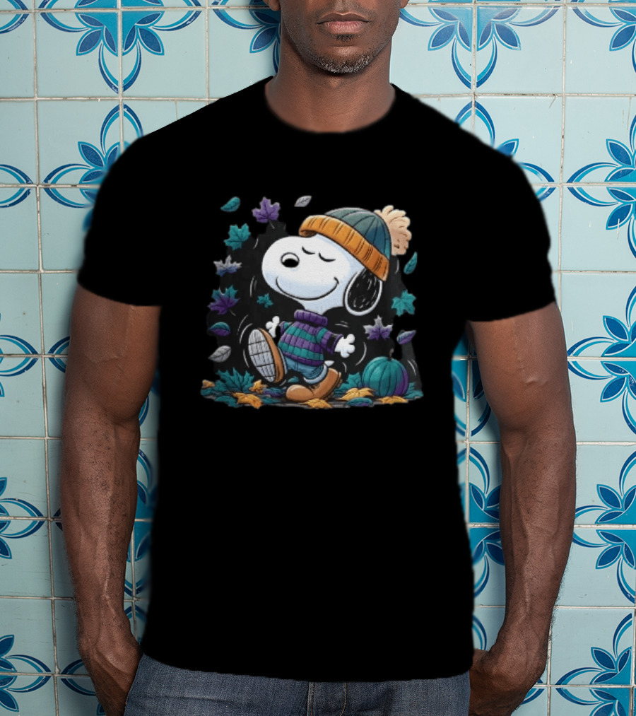 Snoopy Autumn Walk Striped Beanie Pumpkin And Falling Leaves T-Shirt